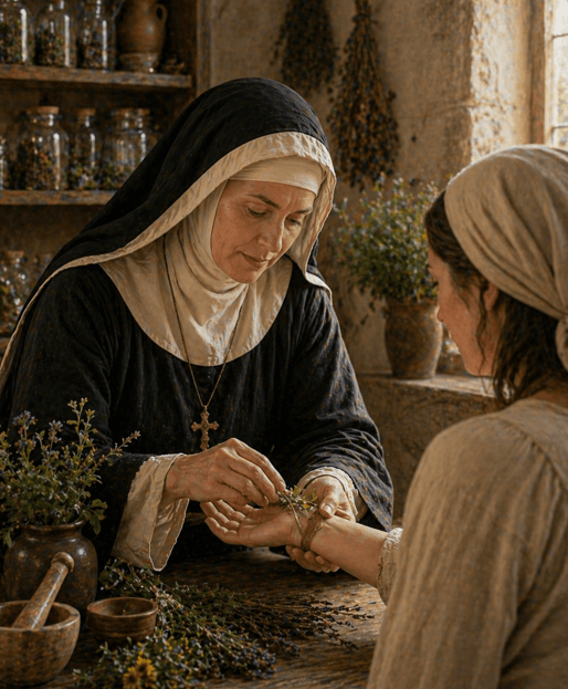 Hildegarda atendendo com ervas medicinais