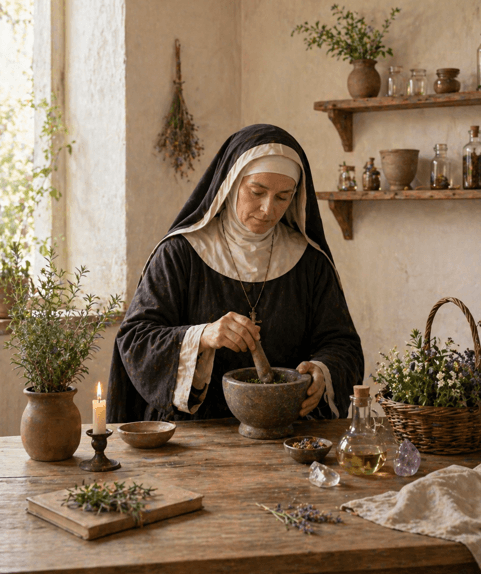 Santa Hildegarda preparando receitas naturais